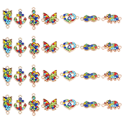 28Pcs 7 Style Alloy Links Connectors, with Glass Seed Beads, Light Gold, Heart & Infinity & Anchor & Tortoise & Owl & Elephant & Butterfly