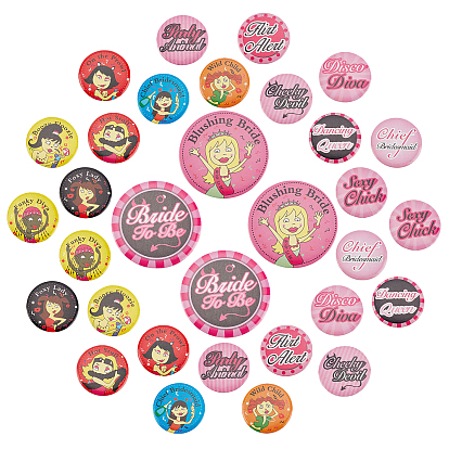 16 Pcs 16 Style Tinplate Badge Sets, for Bachelor Party, Flat Round with Word