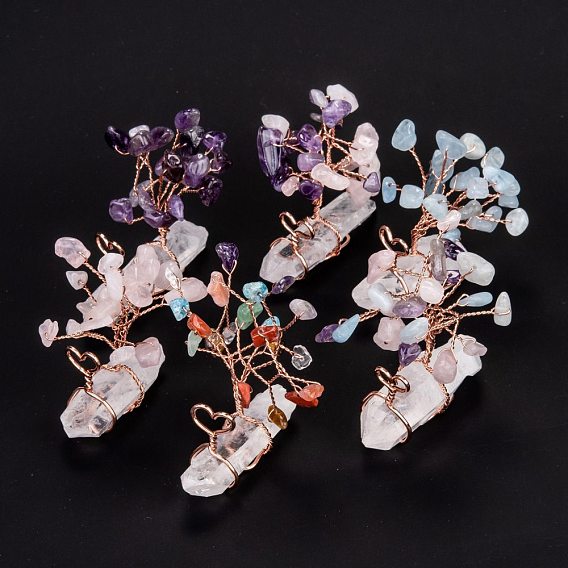 Украшения дисплея косы натурального кварца кристалла, с бусинами из натурального смешанного камня и ветвью из латуни из розового золота