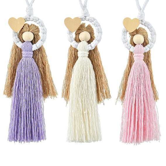 3Pcs 3 Colors Handmade Macrame Cotton Angel Hanging Ornaments, with Wood Beads