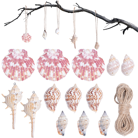 20pcs 5 styles gros pendentifs en coquillage naturel, breloques en forme de coquillage, avec 5m corde de jute couleur terre, couleur de coquillage
