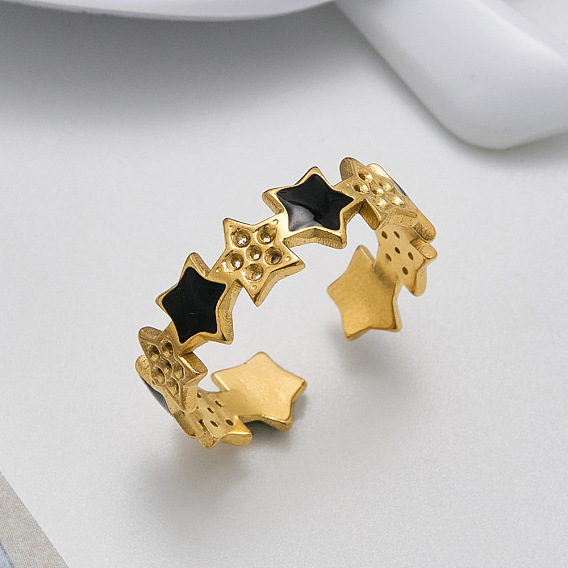 304 Stainless Steel Open Cuff Rings for Women, Star, with Enamel, Golden