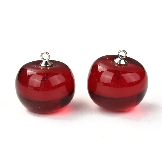 Resin Pendants with Glass Kernel and Stainless Steel Top Ring, Imitation Fruit, 3D Cherry