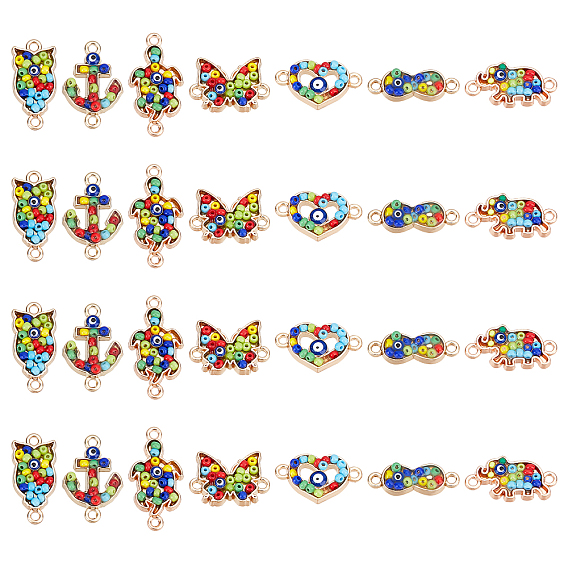 28Pcs 7 Style Alloy Links Connectors, with Glass Seed Beads, Light Gold, Heart & Infinity & Anchor & Tortoise & Owl & Elephant & Butterfly