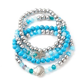 4Pcs 4 Style Synthetic Turquoise(Dyed) & Hematite Stretch Bracelets Set with Starfish and Shell, Gemstone Stackable Summer Bracelets for Women
