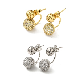 Rack Plating Brass Micro Pave Cubic Zirconia Ball Stud Earrings for Women, Long-Lasting Plated, Lead Free & Cadmium Free