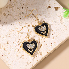 Alliage strass Boucle d'oreille, coeur avec fleur, avec l'émail, or