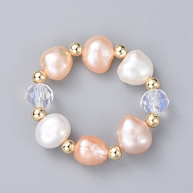 Pearl Rings, with Natural Cultured Freshwater Pearl Beads, Faceted Rondelle Glass Beads, Brass Round Spacer Beads and Elastic Crystal Thread
