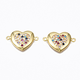Brass Micro Pave Colorful Cubic Zirconia Links Connectors, Nickel Free, Heart