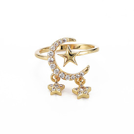 Clear Cubic Zirconia Moon & Star Cuff Ring, Brass Drop Charm Open Ring for Women, Nickel Free