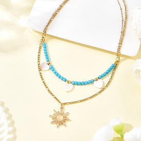 Подвеска в виде солнца из натуральной пресноводной ракушки и сплава стекла, синтетическая бирюза, круглые бусины и 304 цепочка из нержавеющей стали, двухслойные ожерелья для женщин, золотые, цвет морской раковины