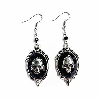Alloy Oval with Skull Dangle Earrings, Halloween Iron Jewelry for Women
