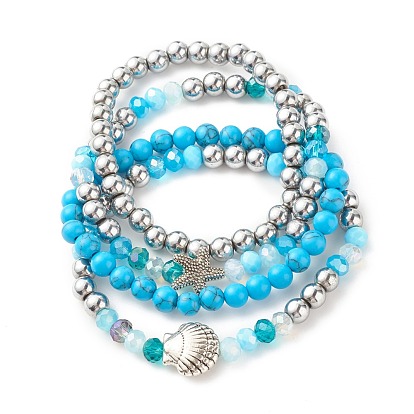4Pcs 4 Style Synthetic Turquoise(Dyed) & Hematite Stretch Bracelets Set with Starfish and Shell, Gemstone Stackable Summer Bracelets for Women