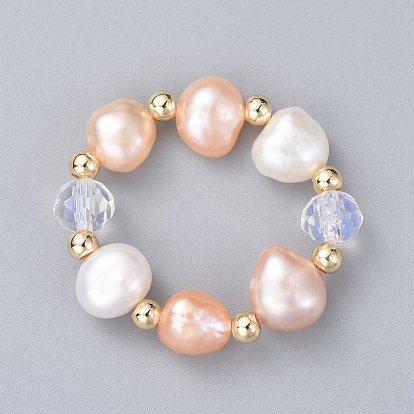 Pearl Rings, with Natural Cultured Freshwater Pearl Beads, Faceted Rondelle Glass Beads, Brass Round Spacer Beads and Elastic Crystal Thread