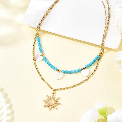 Подвеска в виде солнца из натуральной пресноводной ракушки и сплава стекла, синтетическая бирюза, круглые бусины и 304 цепочка из нержавеющей стали, двухслойные ожерелья для женщин, золотые, цвет морской раковины