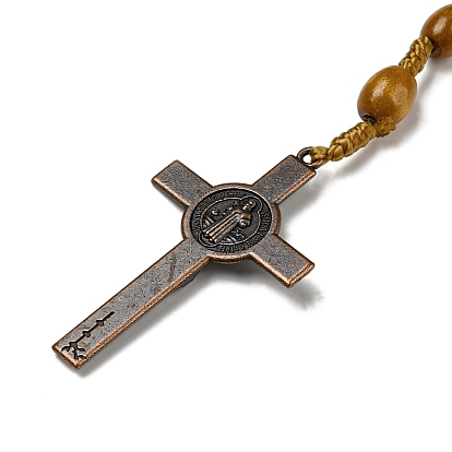 Alloy Religion Crucifix Cross Pendant Necklaces, Wood Beaded Necklace