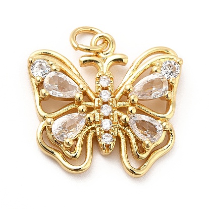 Rack Plating Brass Cubic Zirconia Pendants, Hollow Butterfly Charm, Long-Lasting Plated, with Jump Rings, Cadmium Free & Lead Free
