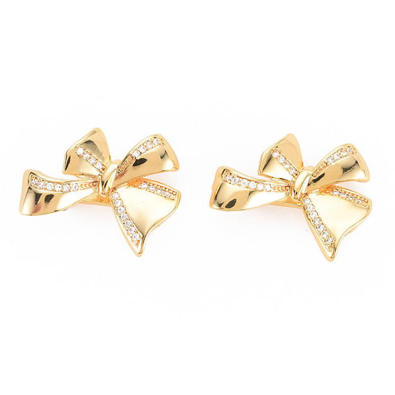 Rack Plating Brass Micro Pave Clear Cubic Zirconia Twister Clasps, Nickel Free, Bowknot