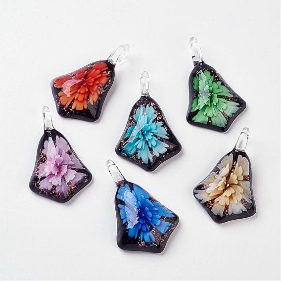 Handmade Gold Sand Lampwork Glass Pendants, Inner Flower, 52x33x11mm, Hole: 7x9mm, 12pcs/box