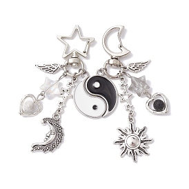2pcs décorations de pendentif de couple en alliage yin-yang, avec fermoirs mousquetons pivotants en alliage, lune et étoiles