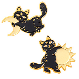 Мультяшный черный кот с эмалированными булавками в виде луны и солнца, сплава брошь