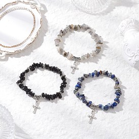 3Pcs Natural Mixed Gemstone Chip Beaded Stretch Bracelets, Alloy Cross Charm Bracelets for Men Women