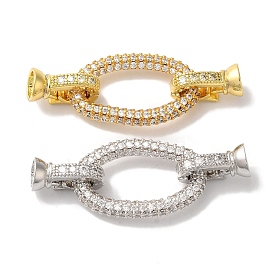 Oval Rack Plating Brass Micro Pave Clear Cubic Zirconia Fold Over Clasps, Long-lasting Plated, Lead Free & Cadmium Free