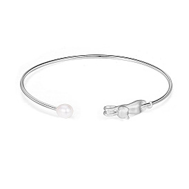 SHEGRACE Trendy 925 Sterling Silver Cuff Bangle, with Kitten and Freshwater Pearl, 170mm