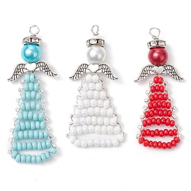 Beaded Angel Charms, Glass Pearl & Iron Rhinestone & Glass Seed Beads Pendants