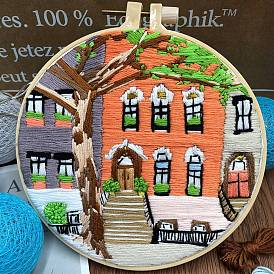 DIY Tree & Building Pattern Embroidery Starter Kit, Cross Stitch Kit Including Imitation Bamboo Frame, Carbon Steel Pins, Cloth and Colorful Threads