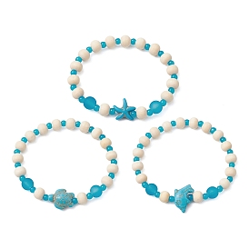 Synthetic Turquoise & Wood & Glass Beaded Stretch Bracelets for Women