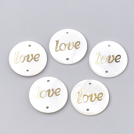 Freshwater Shell Links Connectors, with Brass Findings, Flat Round with Word Love
