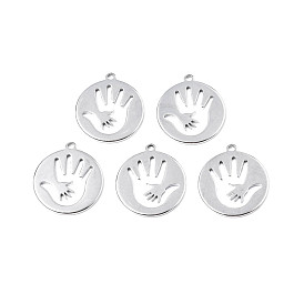 201 Stainless Steel Pendants, Flat Round with Palm