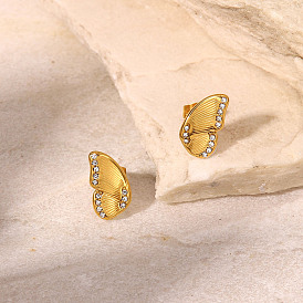 18K Gold Stainless Steel Butterfly Wing Zircon Stud Earrings Geometric Ear Jewelry for Women