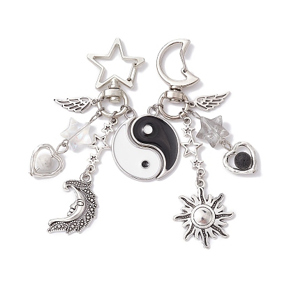 2Pcs Yin-yang Alloy Couple Pendant Decorations, with Alloy Swivel Lobster Clasps, Moon & Star