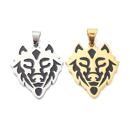 304 Stainless Steel Pendants, with Enamel, Tiger Head, Black