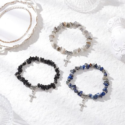 3Pcs Natural Mixed Gemstone Chip Beaded Stretch Bracelets, Alloy Cross Charm Bracelets for Men Women