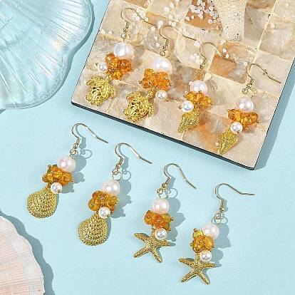 Pendientes colgantes de aleación marina, ámbar natural y perlas de concha., 304 aretes colgantes de acero inoxidable para mujer, dorado