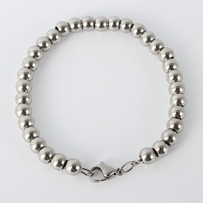 304 Stainless Steel Beaded Bracelets, with Lobster Claw Clasps, 7-1/4 inch(185mm)