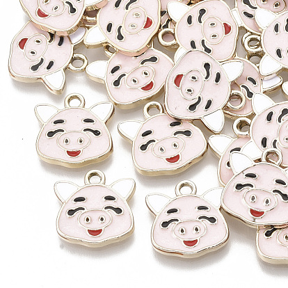 Alloy Enamel Pendants, Light Gold, Piggy Head Charms