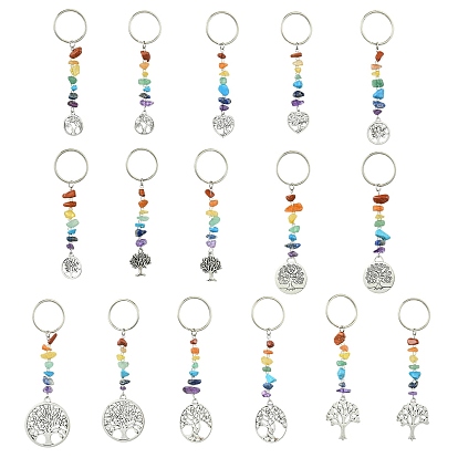 Брелки в тибетском стиле из сплава «Древо жизни», с кусочками драгоценных камней чакры и железными брелоками для ключей