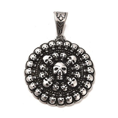 Tibetan Style 304 Stainless Steel Pendants, Flat Round with Skull Pattern