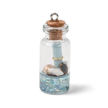 Resin & Glass Glass Wishing Bottle Pendants, Column Charm, with Iron Loop & Paper & Wood Bottle
