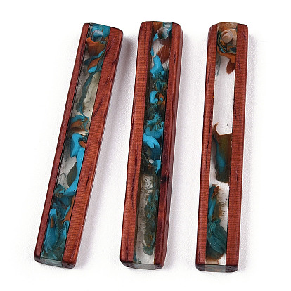 Transparent Resin & Wood Pendants, Two-Tone, Rectangle Charm