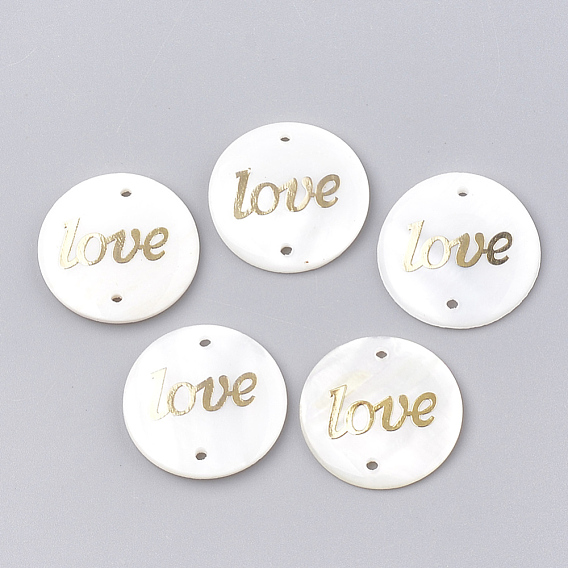 Freshwater Shell Links Connectors, with Brass Findings, Flat Round with Word Love
