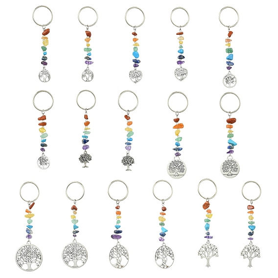 Брелки в тибетском стиле из сплава «Древо жизни», с кусочками драгоценных камней чакры и железными брелоками для ключей
