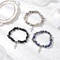 3Pcs Natural Mixed Gemstone Chip Beaded Stretch Bracelets, Alloy Cross Charm Bracelets for Men Women