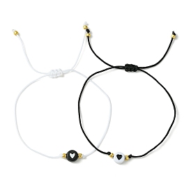 2Pcs 2 Color Acrylic Heart & Glass Seed Braided Bead Bracelet Set, Adjustable Bracelets