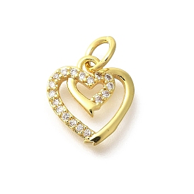 Brass Micro Pave Clear Cubic Zirconia Pendants, Heart Charms, with Jump Ring