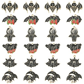 24Pcs 6 Styles Halloween Alloy Enamel Pendants, Light Gold, Bat Charms